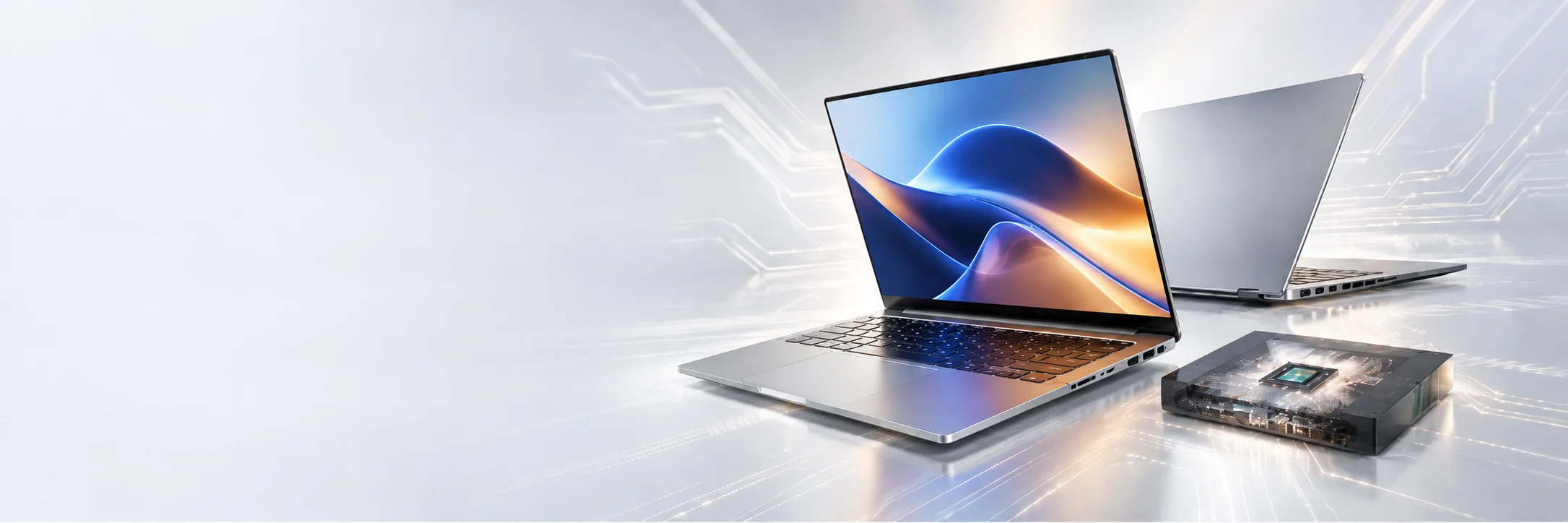 Two silver laptops alongside a processor chip